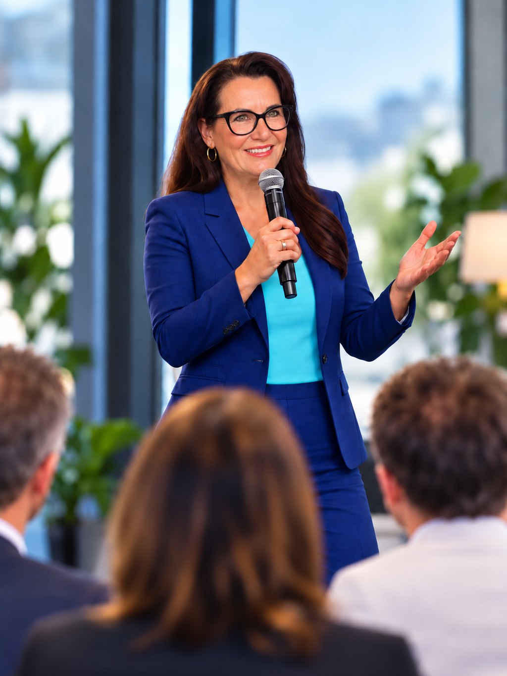 Daniela Aigner-Seum spricht mit Mikrofon vor einer Gruppe